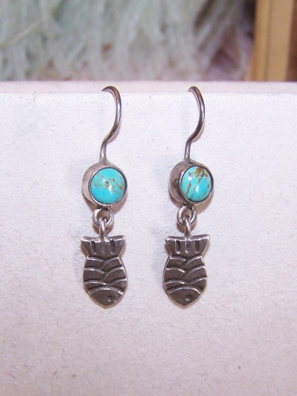 Vintage Sterling Silver Turquoise Pierced Earrings - Little Fish Dangles